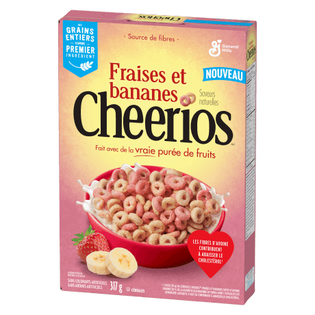 Cheerios CA, Fraises et Bananes, front of pack, 317g