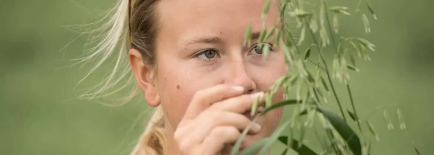 Une jeune fille inspecte un plant d'avoine et en évalue la qualité.