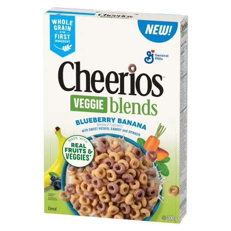 Front pack shot of Blueberry Banana Cheerios veggie blends 300 grams